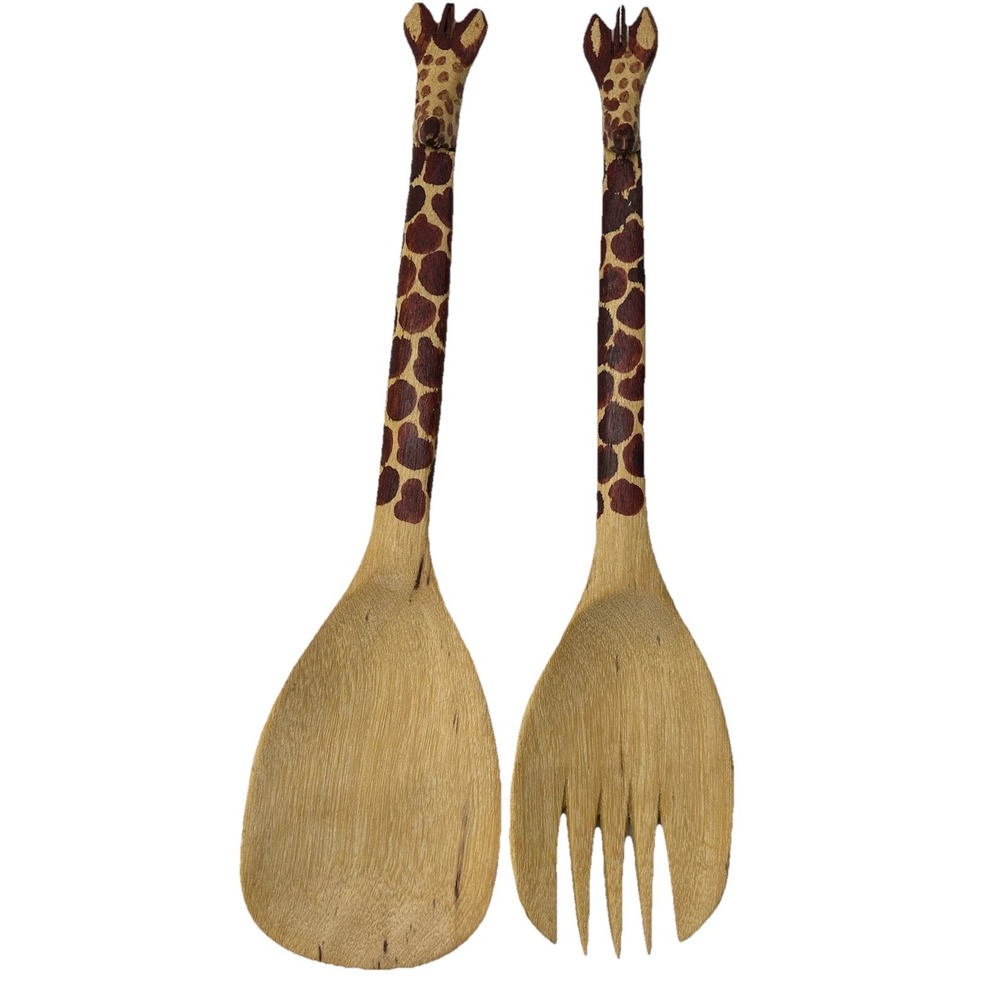 Giraffe Handcarved Wooden 3D Motif African Animal‎ Salad Serving Spoon Fork Set
